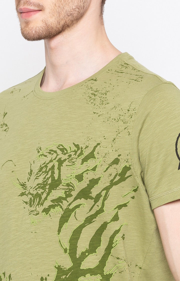 Spykar Light Olive Printed Slim Fit Men T-Shirts