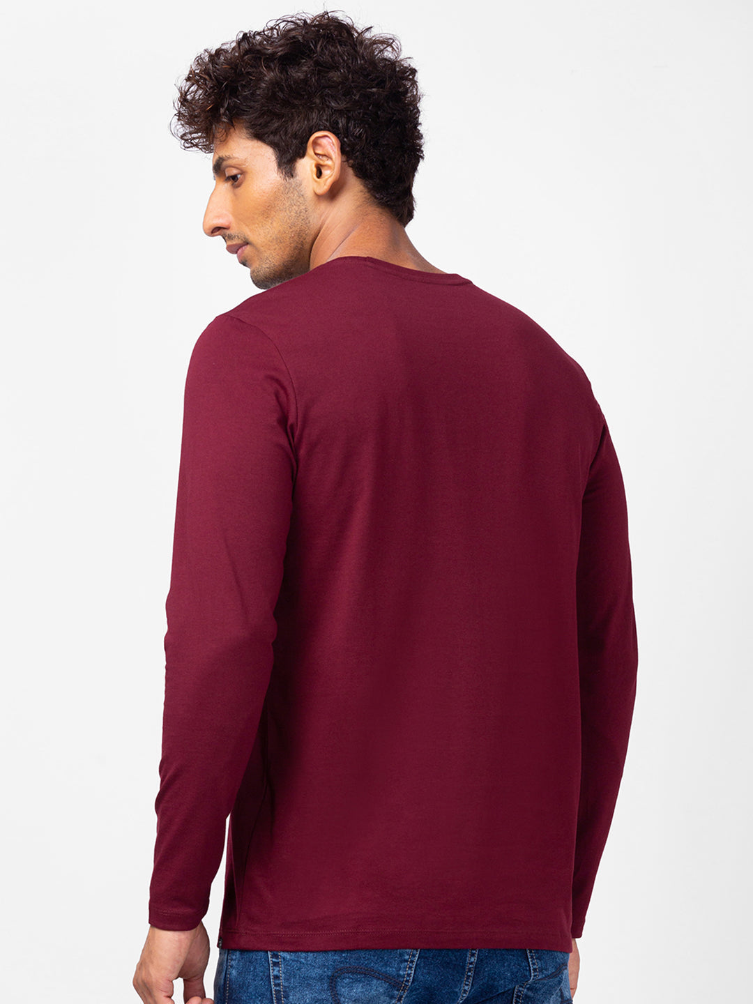 Spykar Men Wine Cotton Slim Fit Round Neck Plain T-Shirt