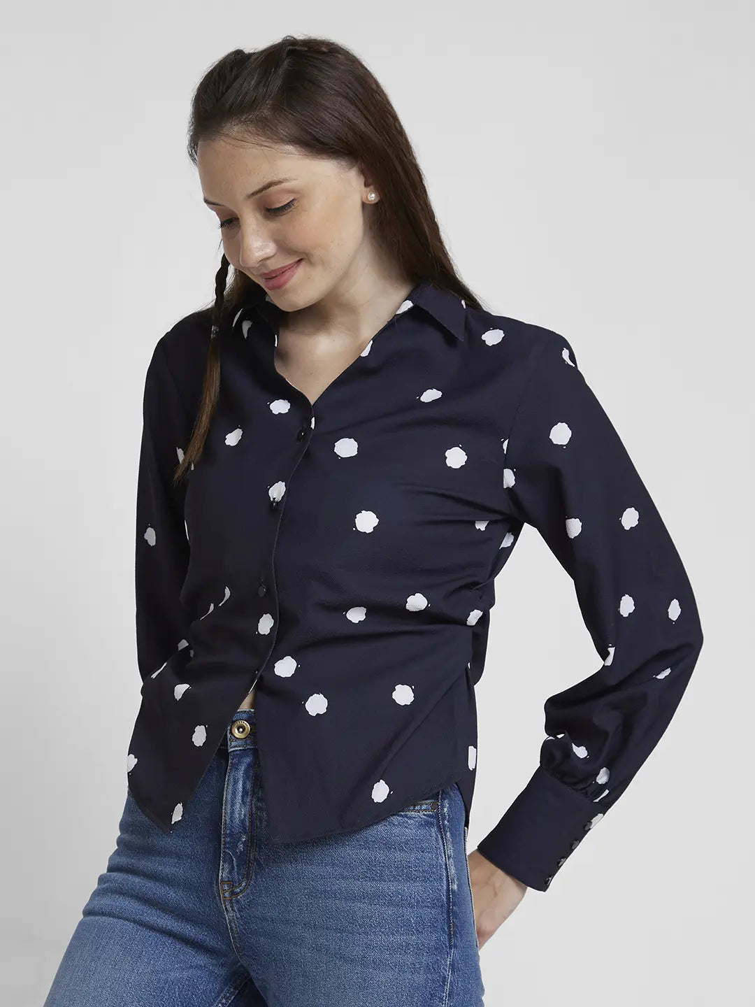 Spykar Women Black Cotton Regular Fit Full Sleeve Printed Shirt