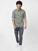 Spykar Men Rifle Green Cotton Regular Slim Fit Full Sleeve Causal Printed Shirt