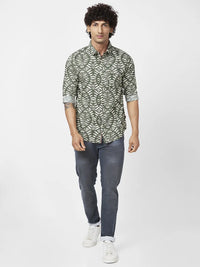 Spykar Men Rifle Green Cotton Regular Slim Fit Full Sleeve Causal Printed Shirt