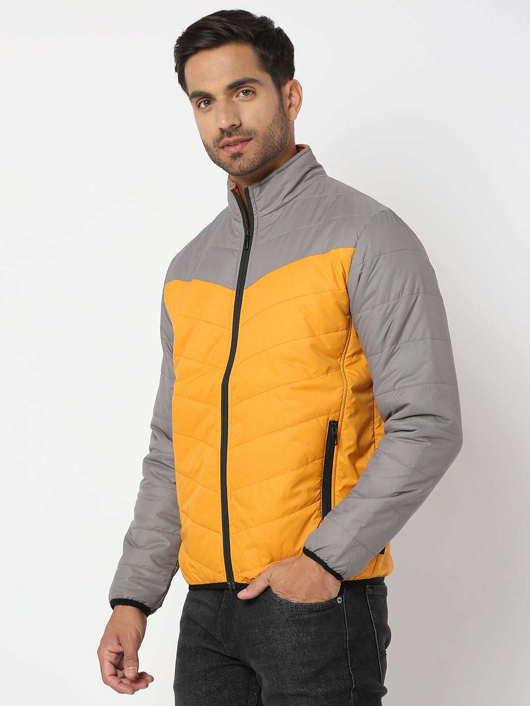 Spykar Men Grey & Mustard Nylon Regular Fit Jacket