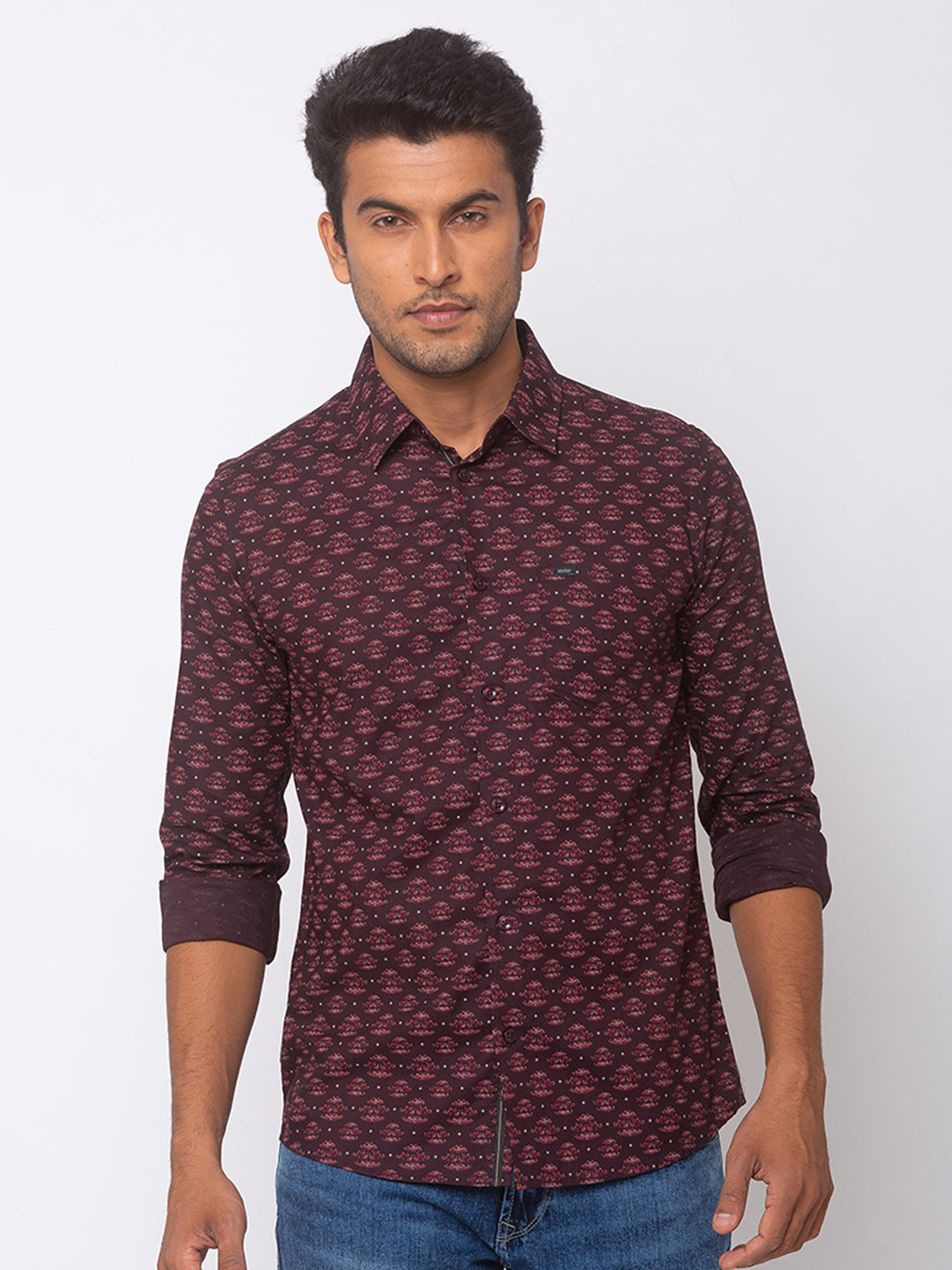 Spykar Men Wine Red Cotton Slim Fit Shirt