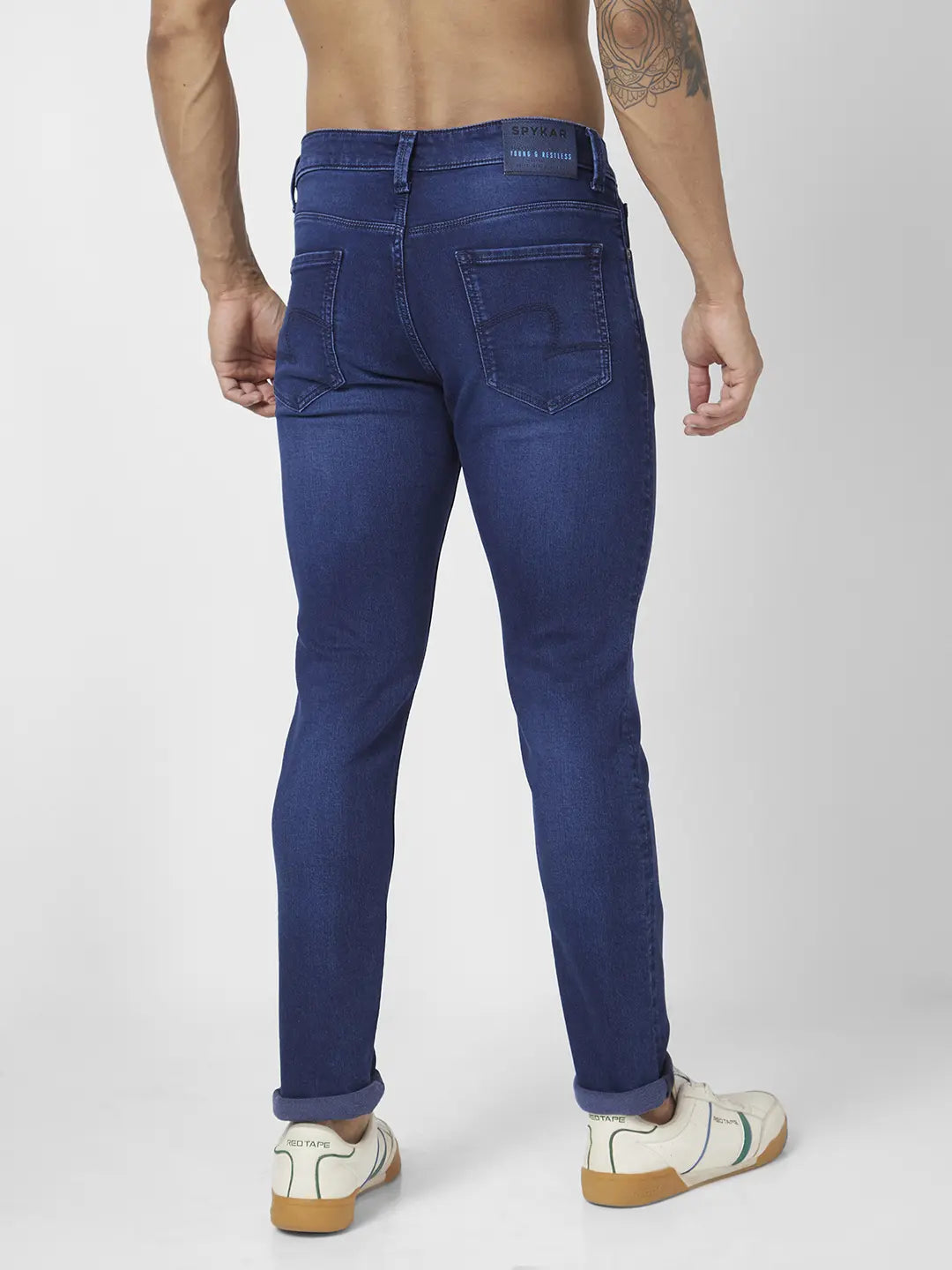 Spykar Men Dark Blue Cotton Stretch Slim Fit Narrow Length Clean Look Low Rise Jeans (Skinny)