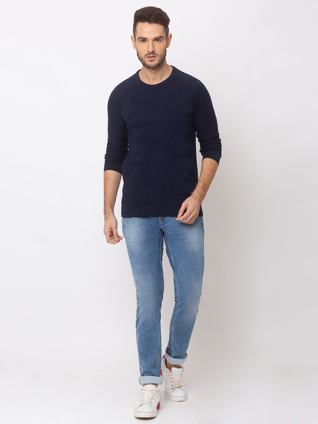 Spykar Men Navy Blue Cotton Regular Fit Sweater