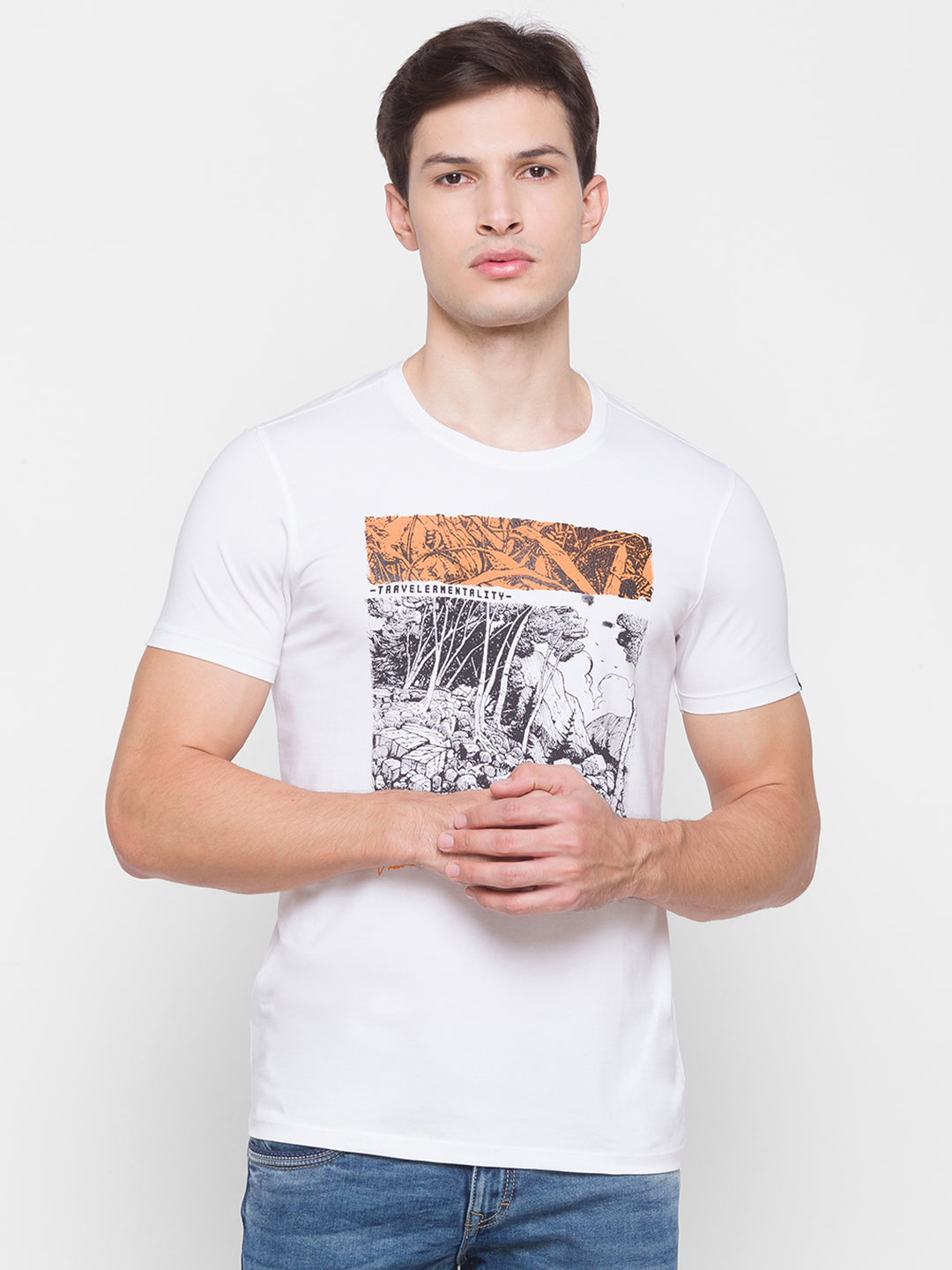 Spykar Men White Cotton Slim Fit Round Neck T-Shirt