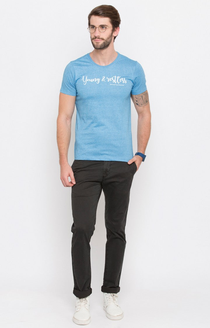 Spykar Blue Cotton Slim Fit T-Shirt For Men