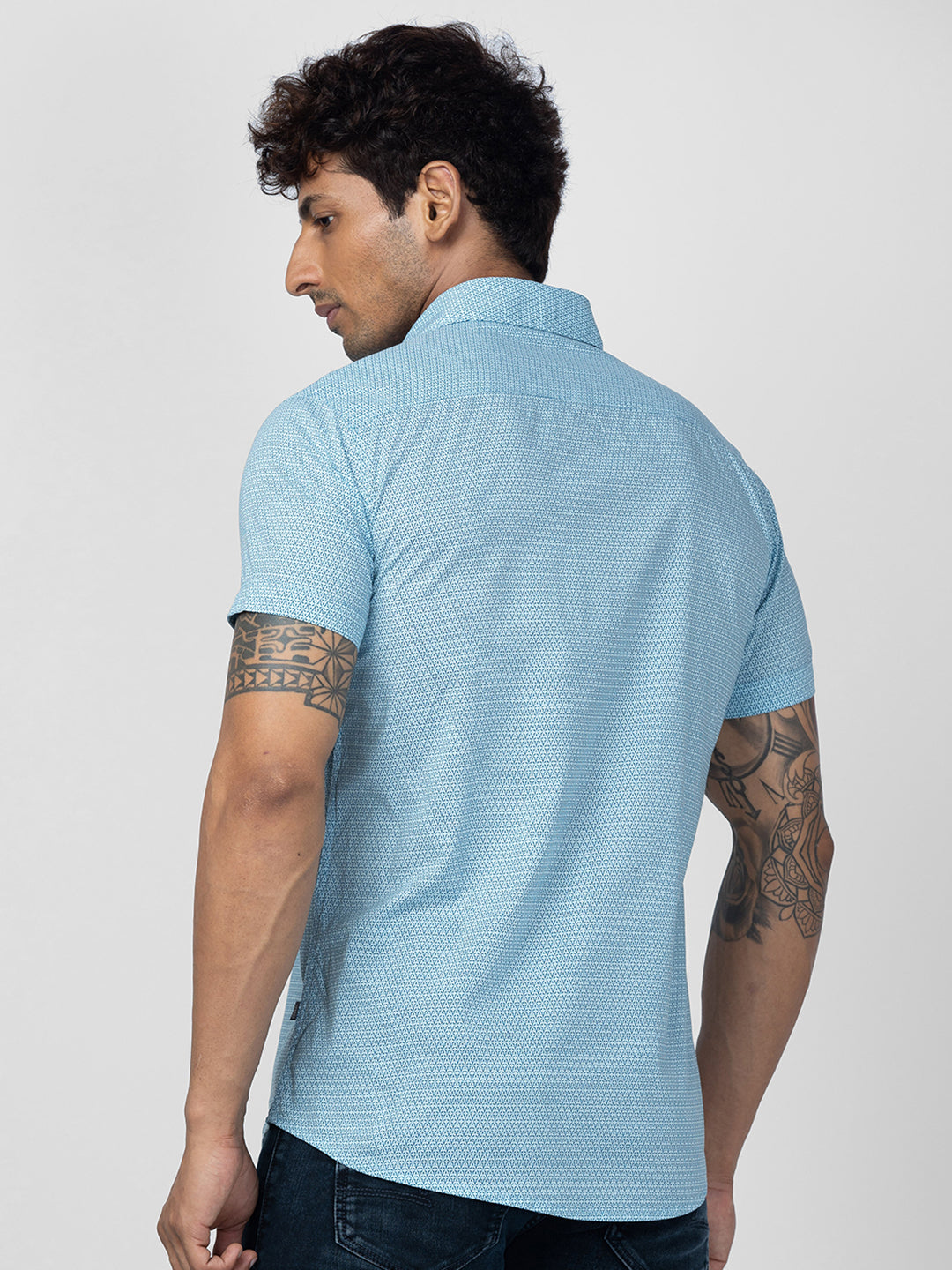 Spykar Men Sky Blue Cotton Regular Slim Fit Printed Shirt