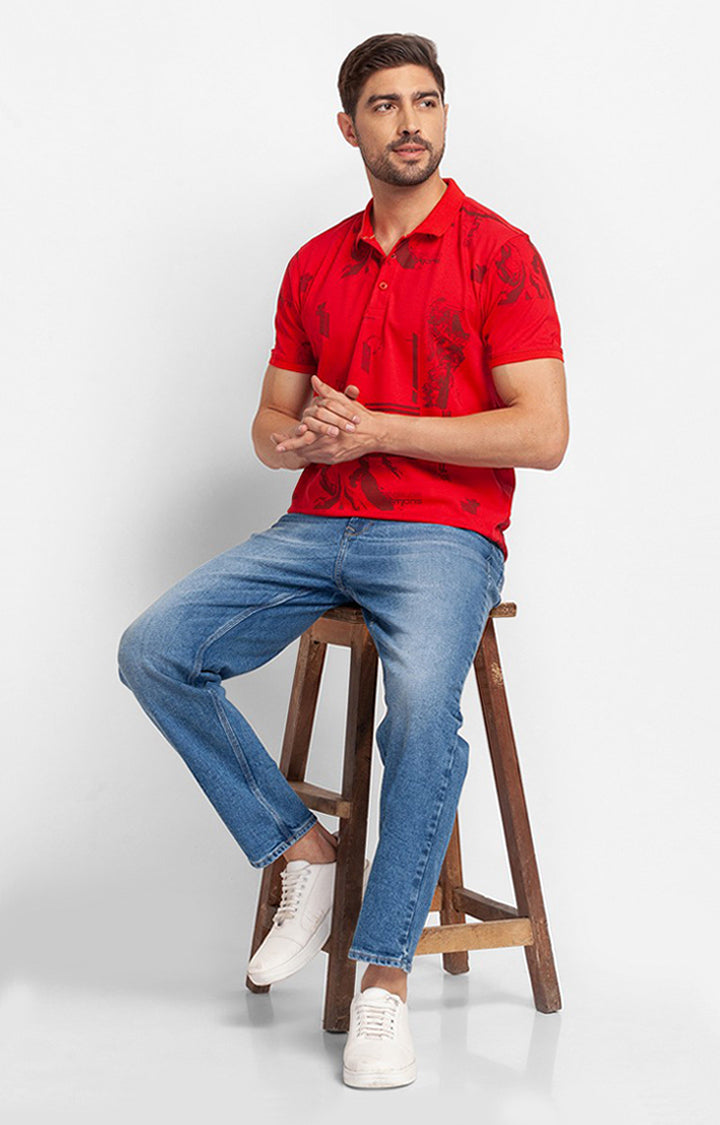 Spykar True Red Cotton Half Sleeve Printed Casual Polo T-shirt For Men