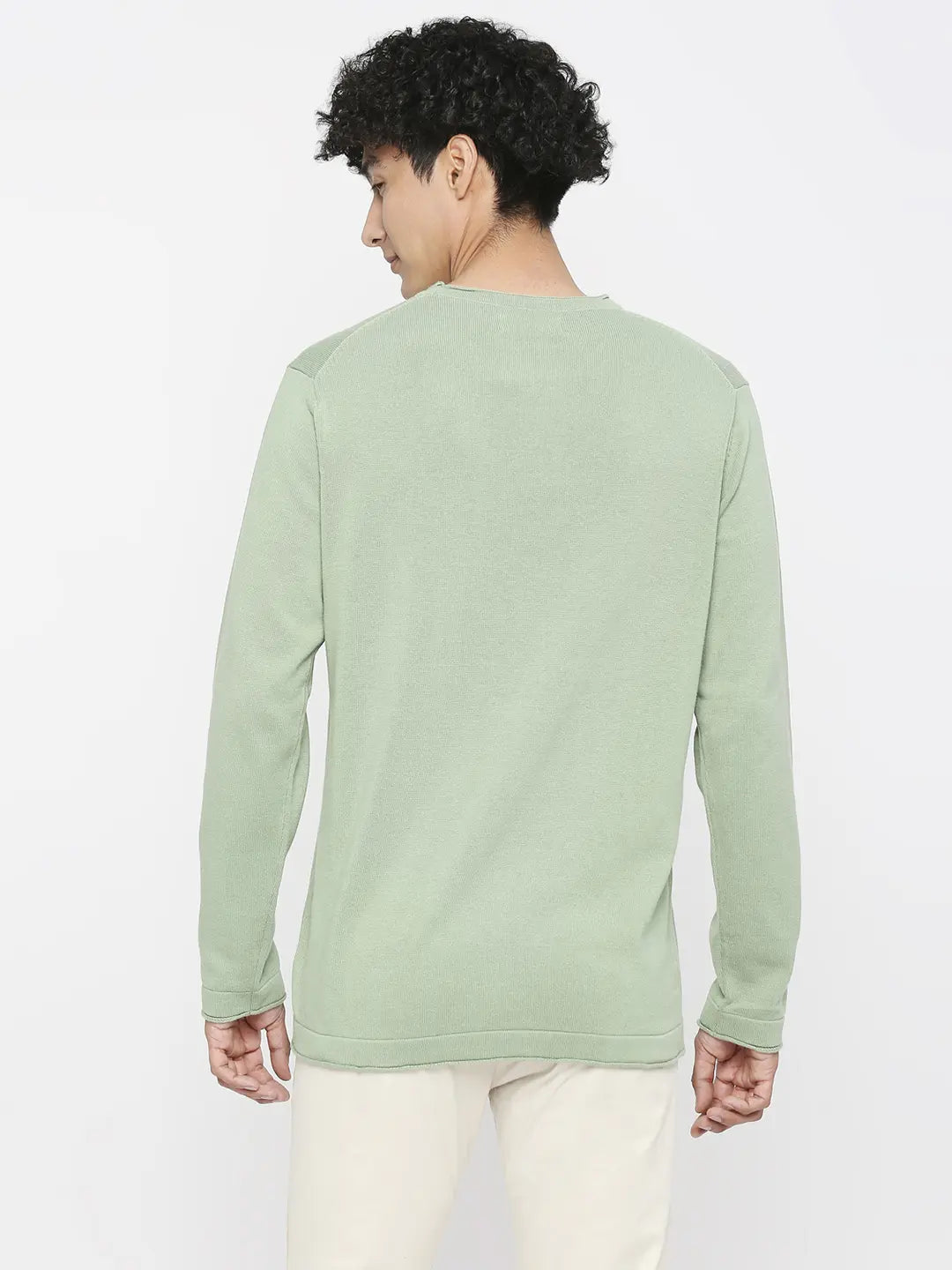 Spykar Pista Green Cotton Full Sleeve Casual Sweater For Men