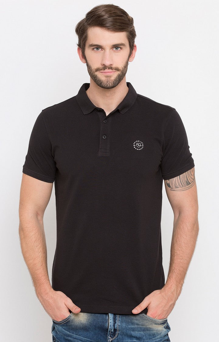 Spykar Jet Black Solid Slim Fit Polo T-Shirt