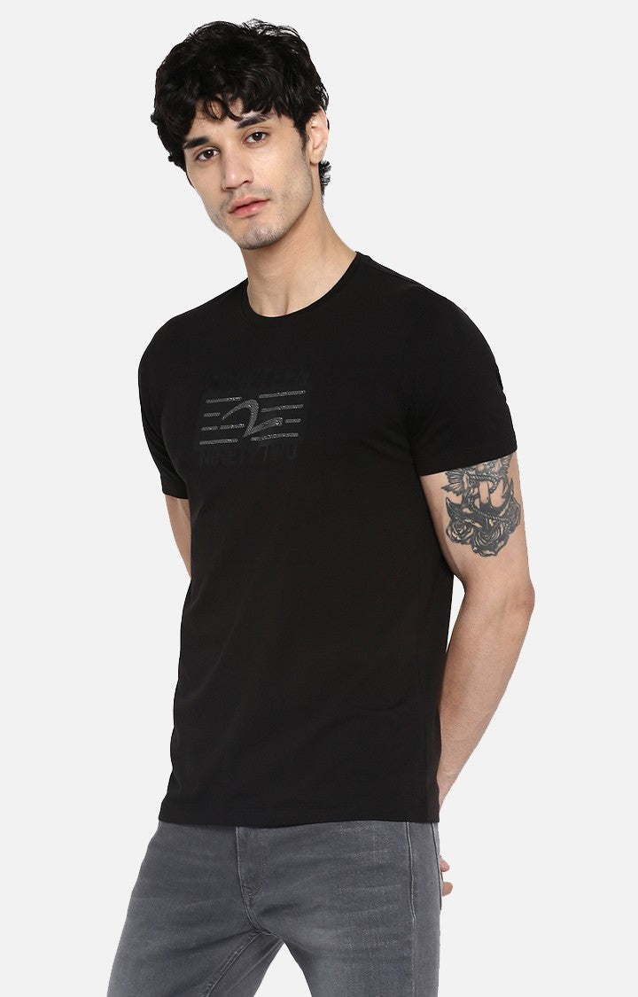 Spykar Jet Black Printed Slim Fit Men T-Shirts