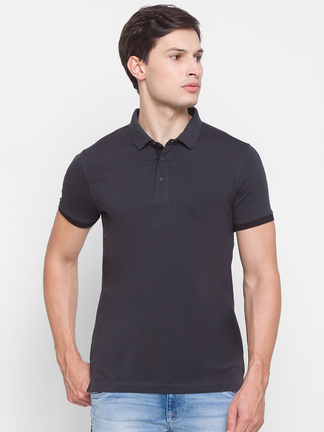 Spykar Men Grey Cotton Slim Fit Polo T-Shirt