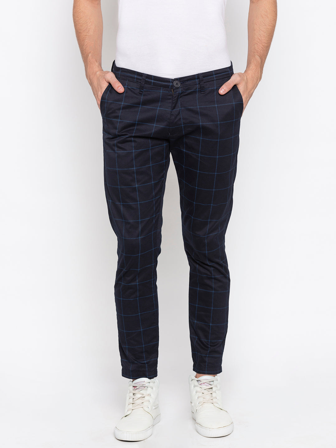 Spykar Men Blue Cotton Slim Fit Casual Trousers