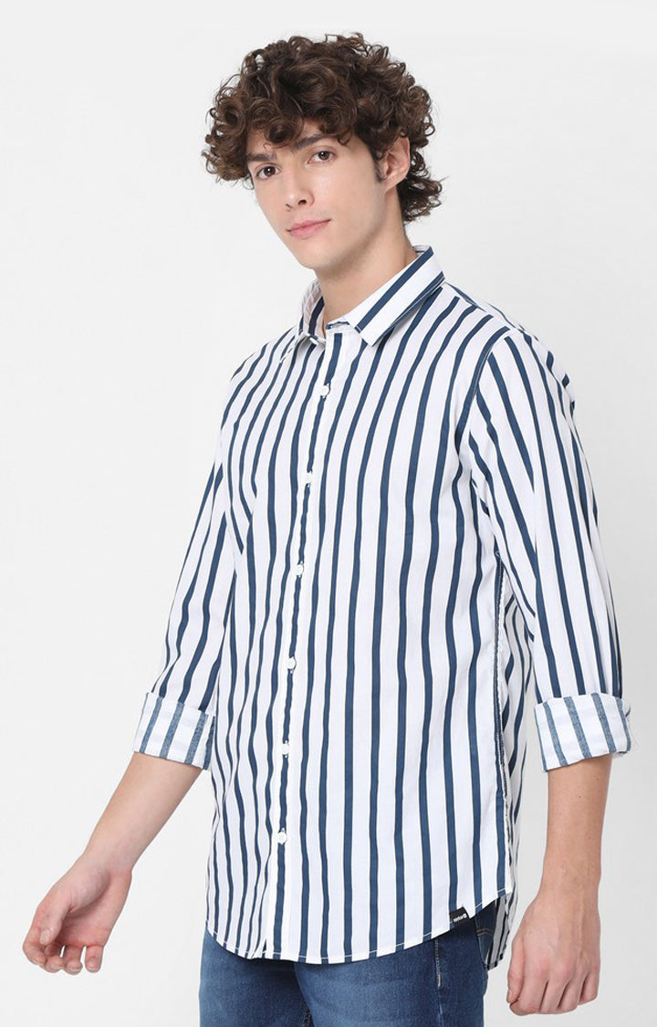 Spykar Slim Fit White & Blue Striped Full Sleeve Shirts For Men