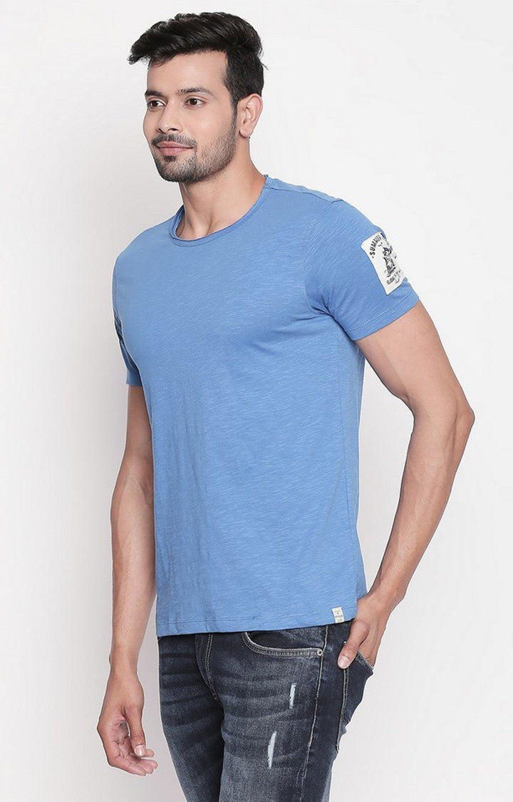 Spykar Blue Cotton Slim Fit T-Shirt For Men