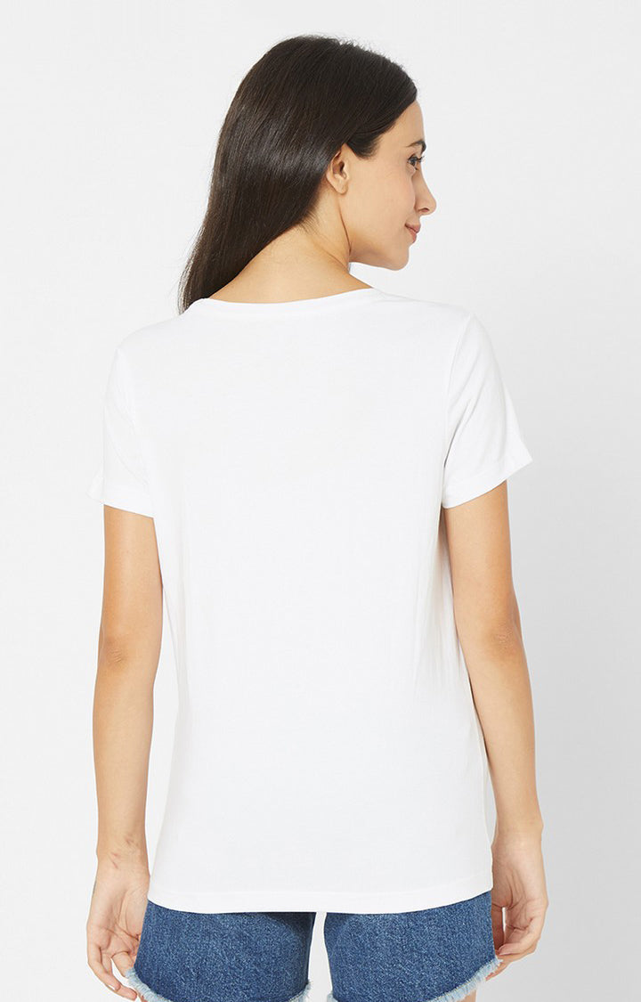 Spykar Women White Cotton Regular Round Neck T-Shirts