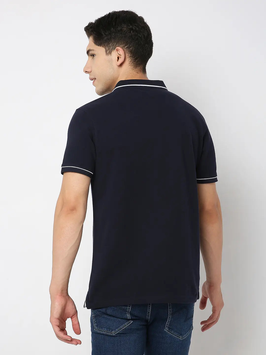 Spykar Men Navy Blue Cotton Regular Fit Plain Polo Tshirt