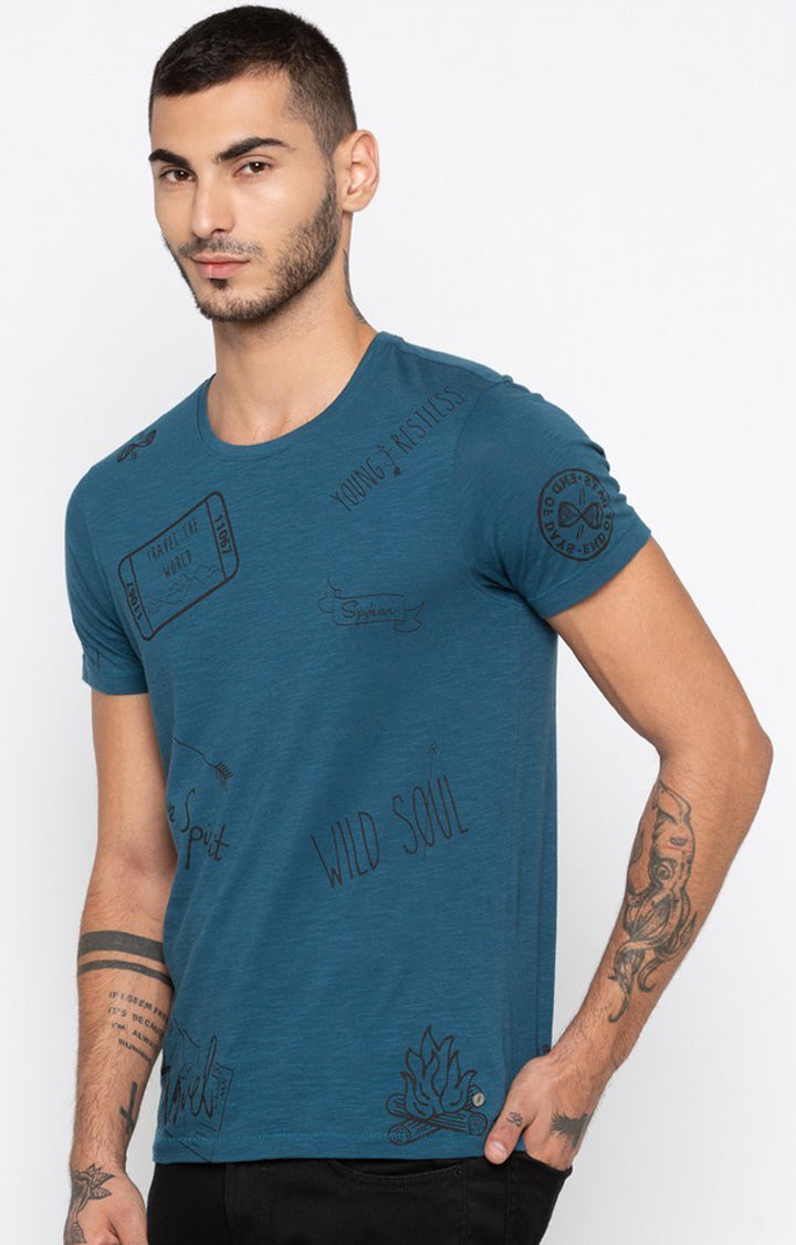 Spykar Blue Cotton Slim Fit T-Shirt For Men