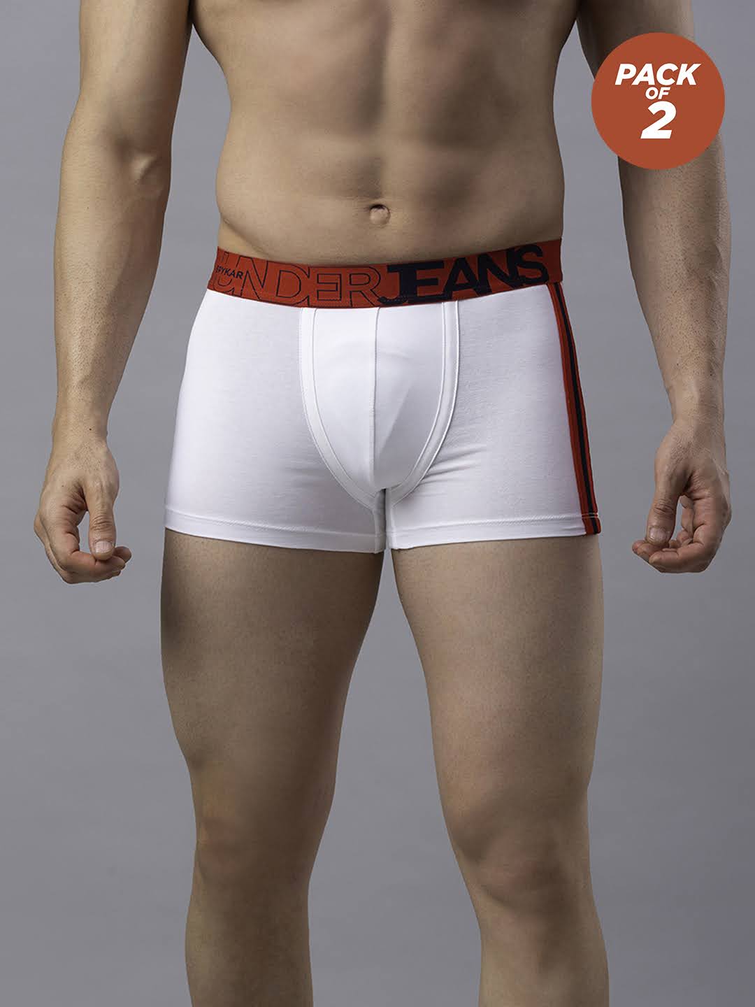 Men Premium Cotton Blend White-Red Trunk - (Pack of 2)- UnderJeans by Spykar