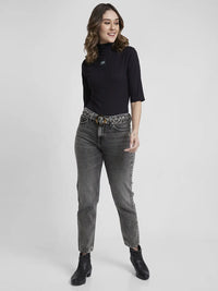 Spykar Women Black Blended Slim Fit 3/4th Sleeve High Neck Plain Crop Tshirt