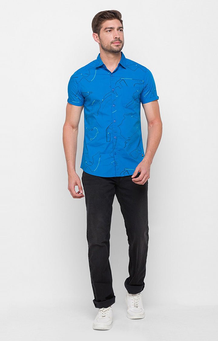 Spykar Blue Cotton Slim Fit Shirts For Men