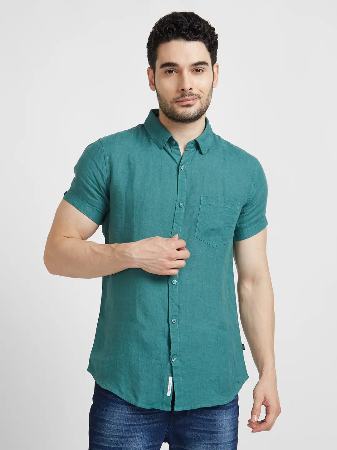Spykar Men Atlantic Green Linen Regular Slim Fit Half Sleeve Plain Shirt