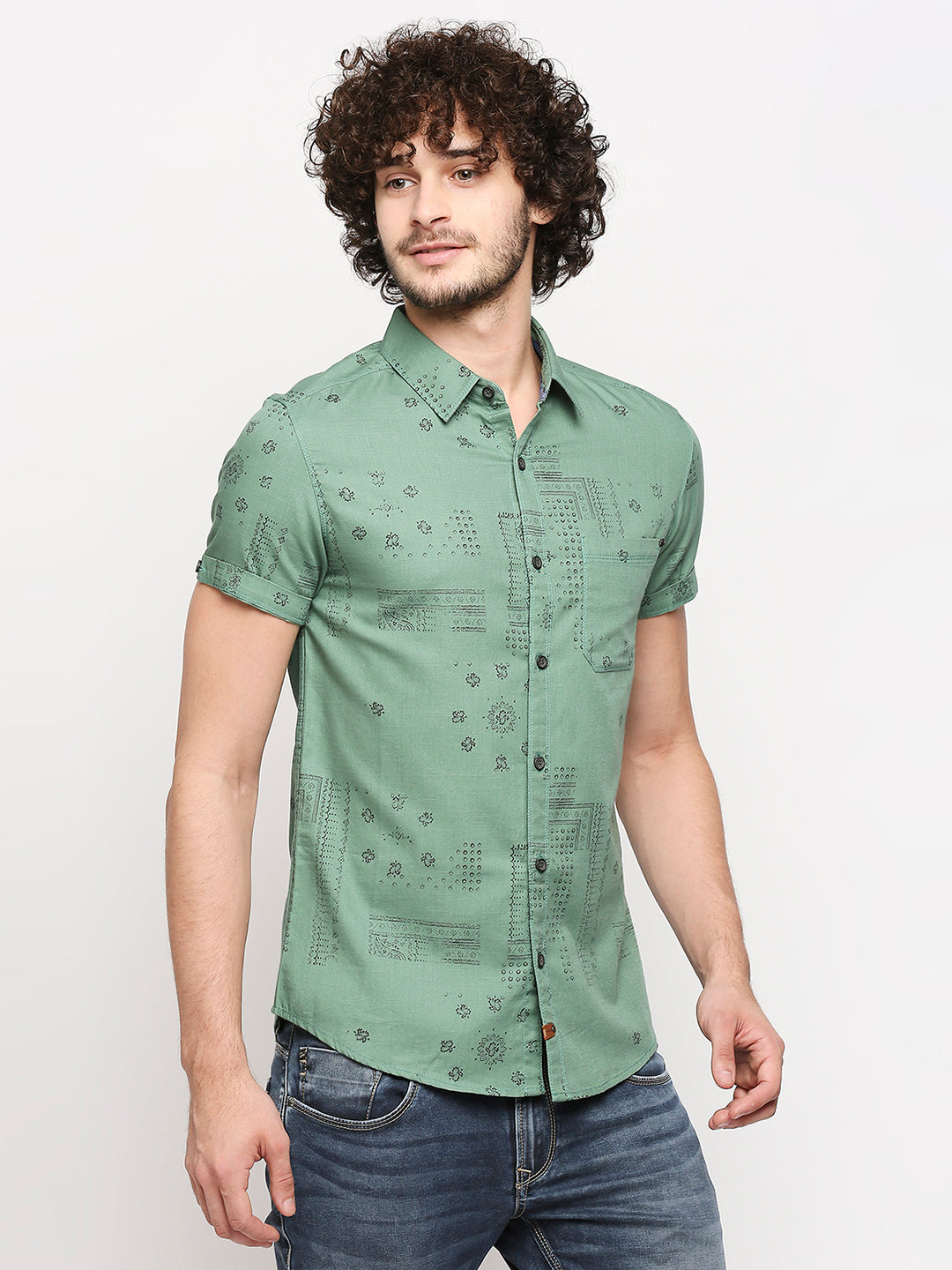 Spykar Men Sage Green Cotton Slim Fit Shirt