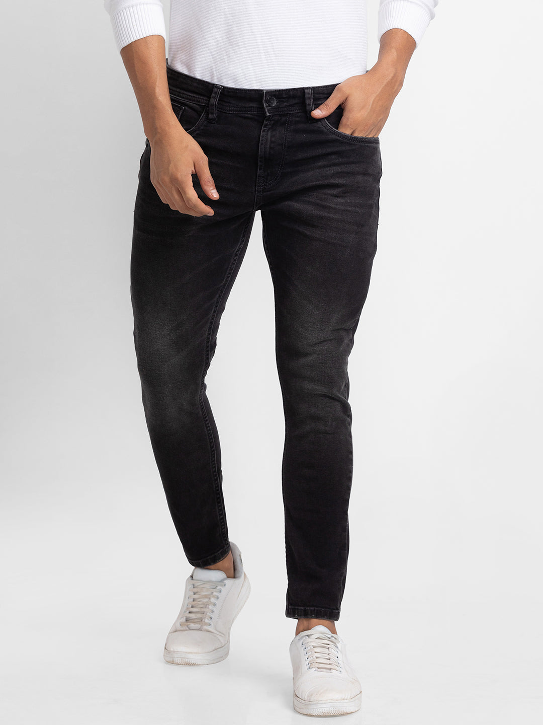 Spykar Black Cotton Slim Fit Tapered Length Jeans For Men (Kano)