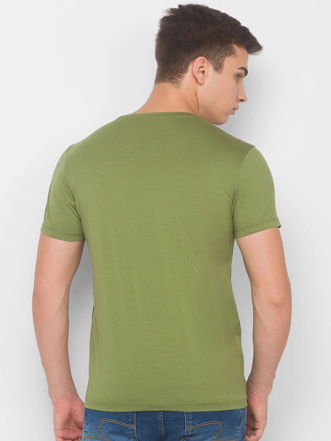 Spykar Men Green Cotton Slim Fit Round Neck T-Shirt