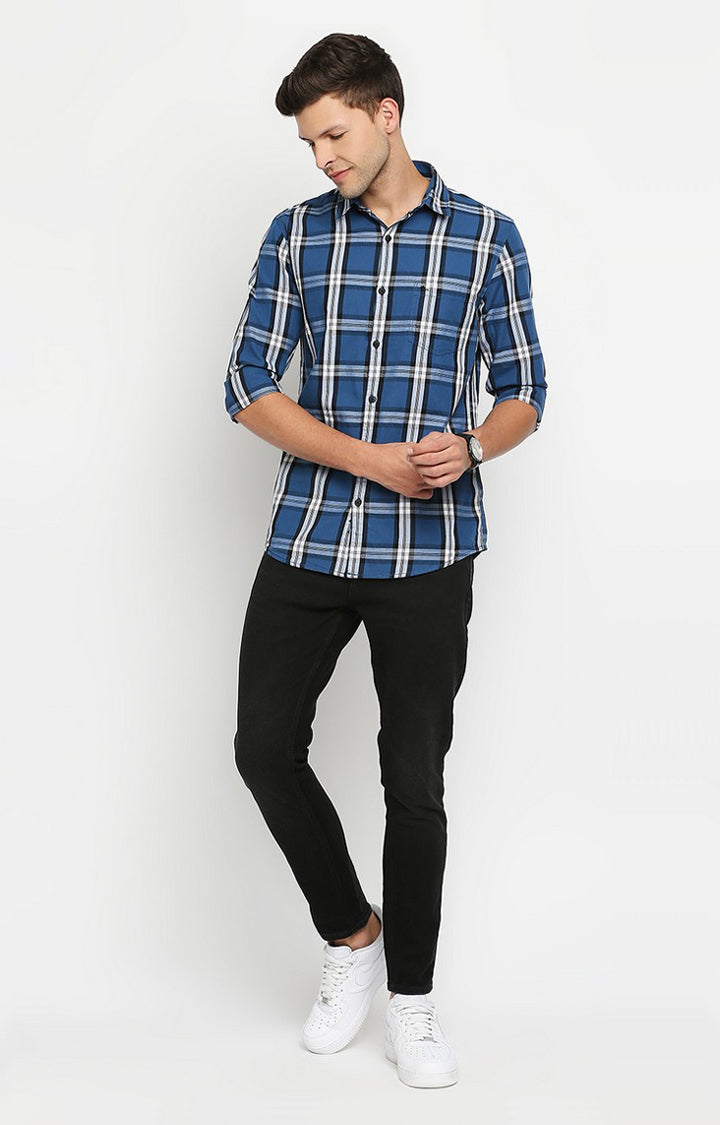 Spykar Men Blue Slim Fit Full Sleeve Checkered Shirt