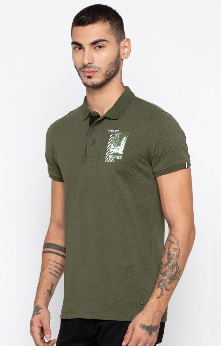 Spykar Olive Solid Slim Fit Polo T-Shirt