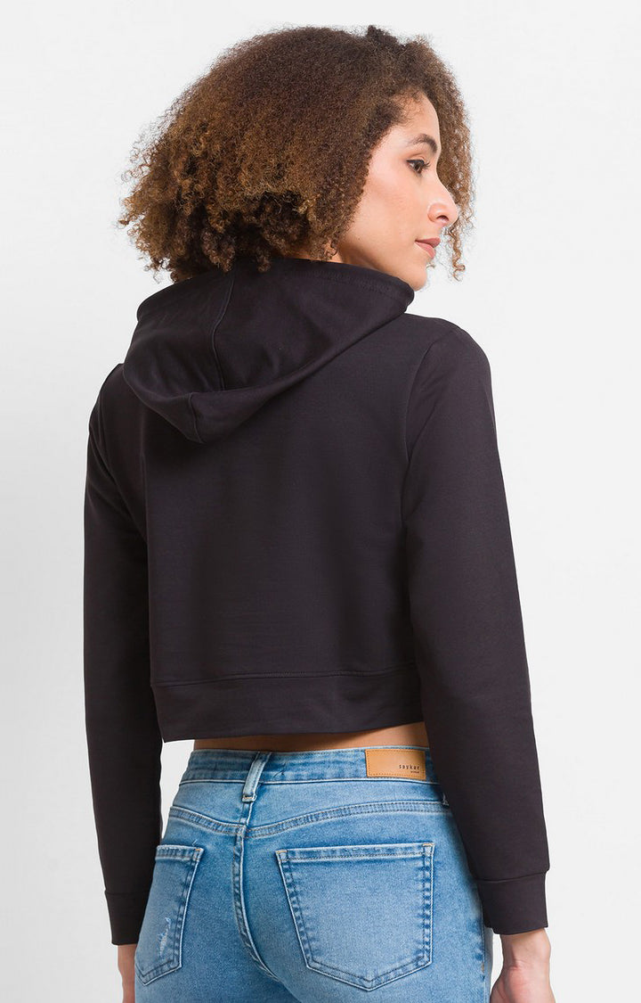 Spykar Black Cotton Blend Full Sleeve Hooded Sweatshirts For Women