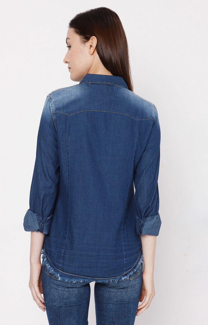 Spykar Women Dark Blue Cotton Regular Fit Denim Shirt