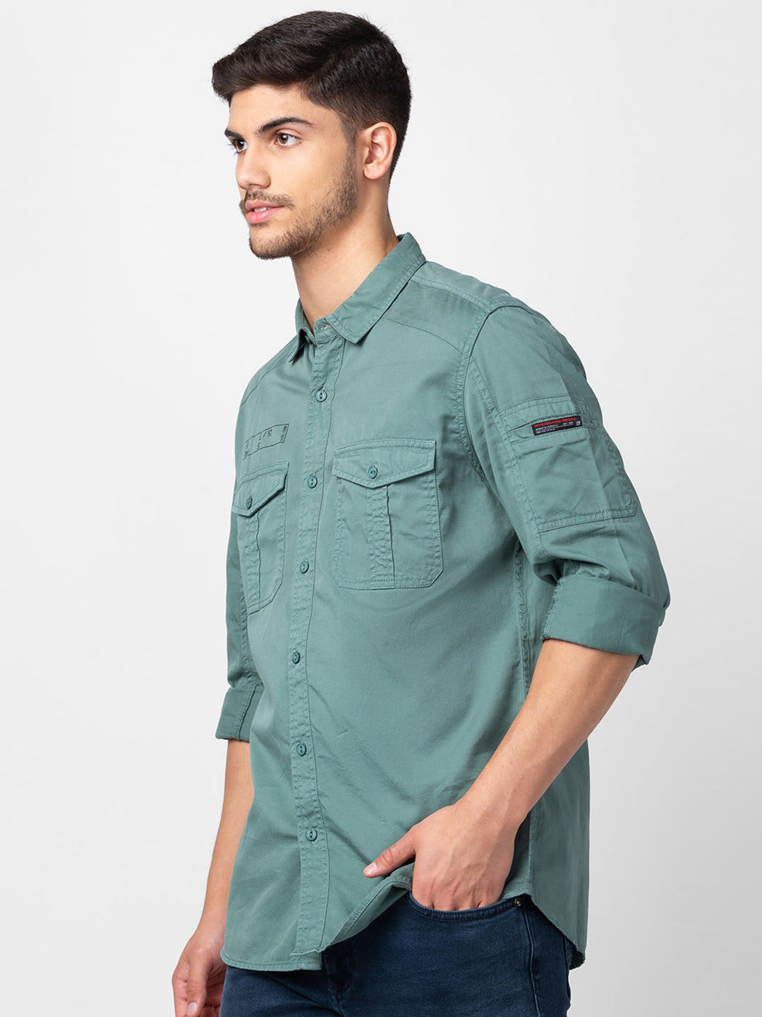 Spykar Men Sage Green Cotton Slim Fit Plain Shirt