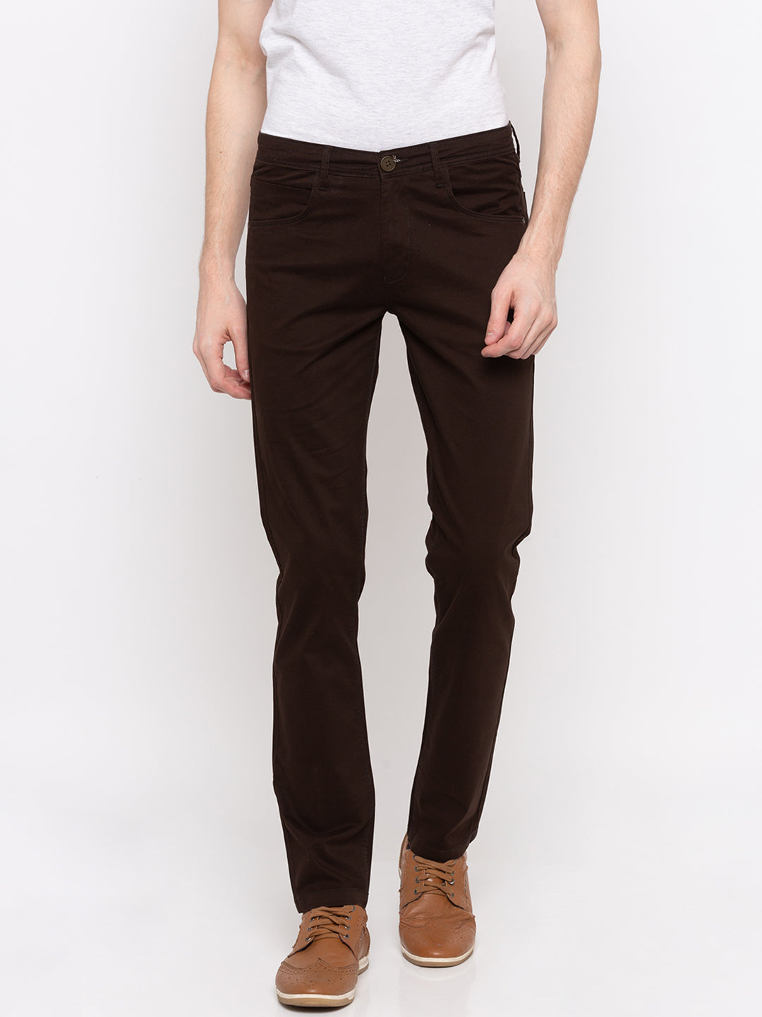 Spykar Men Brown Cotton Slim Fit Casual Trousers