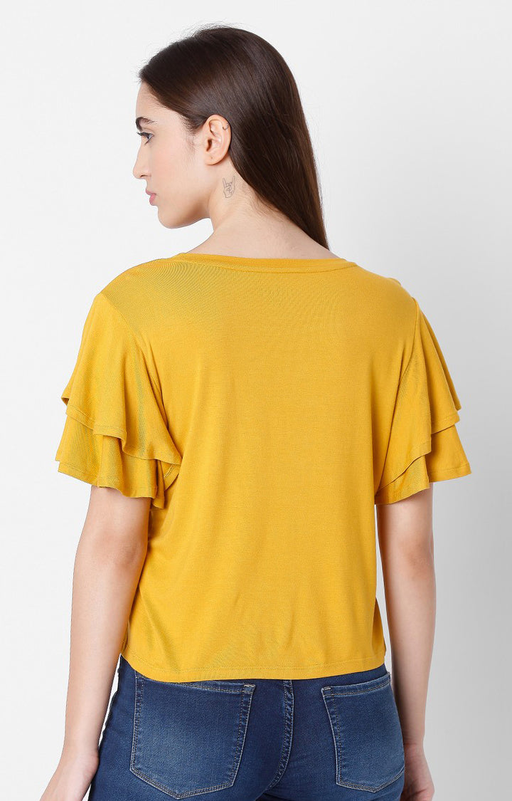 Spykar Women Yellow Cotton Slim Fit Round Neck T-Shirts