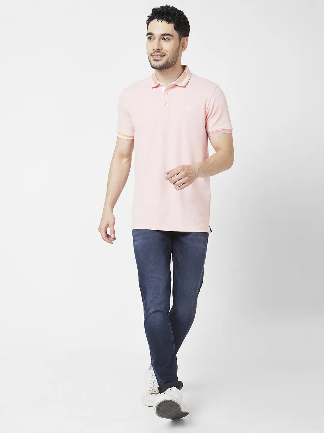 Spykar Men Peach Pink Blended Slim Fit Half Sleeve Polo Neck Plain Tshirt