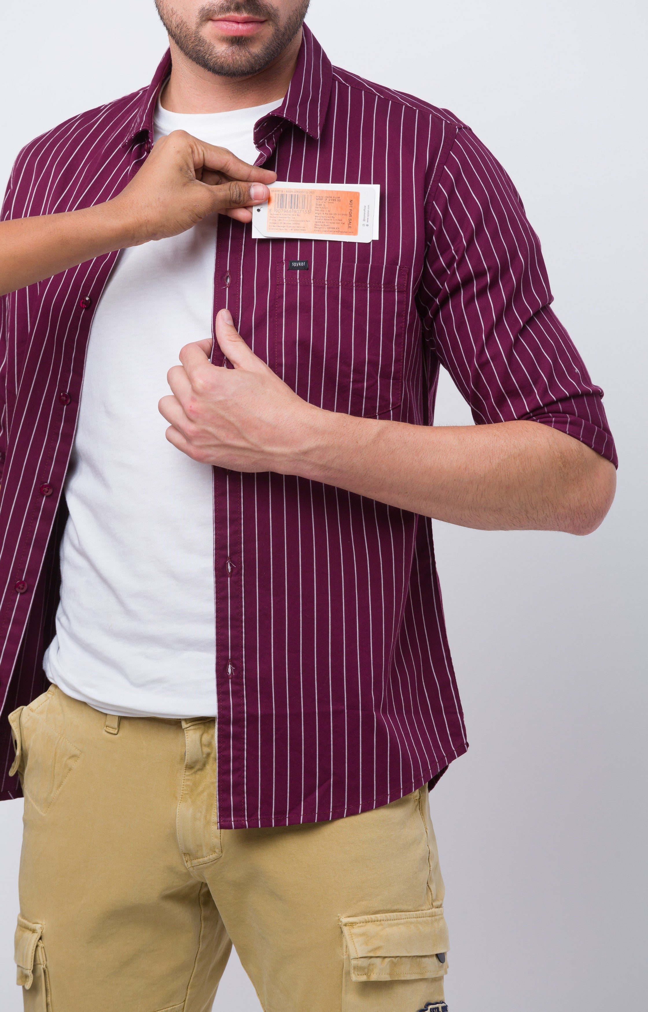 Spykar Dark Plum Cotton Full Sleeve Stripes Shirt For Men