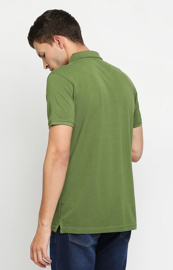 Spykar Men Green Cotton Slim Fit Round Neck Polo T-Shirt