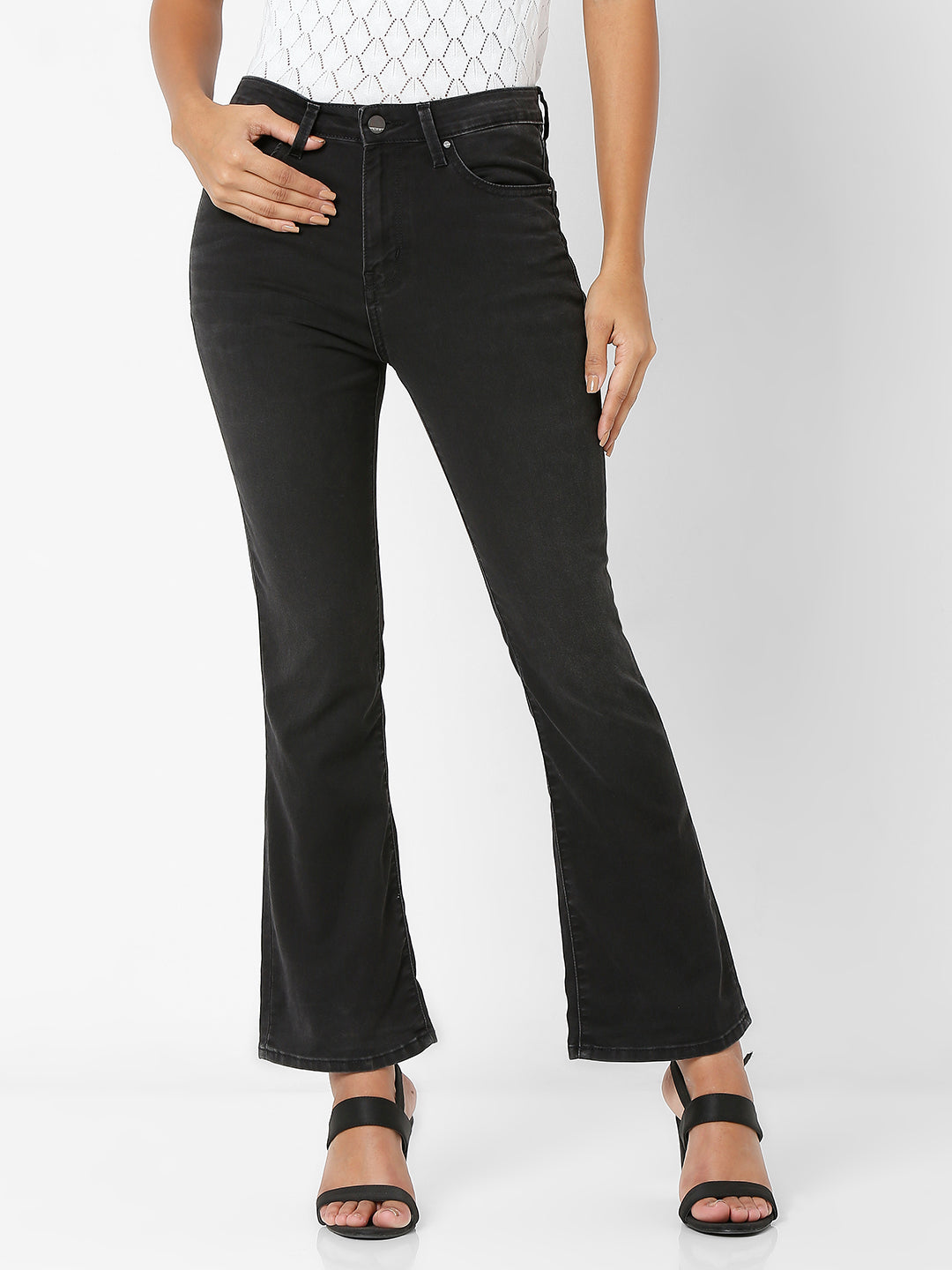 Spykar Women Black Cotton Flare Fit Ankle Length Jeans (Elissa)