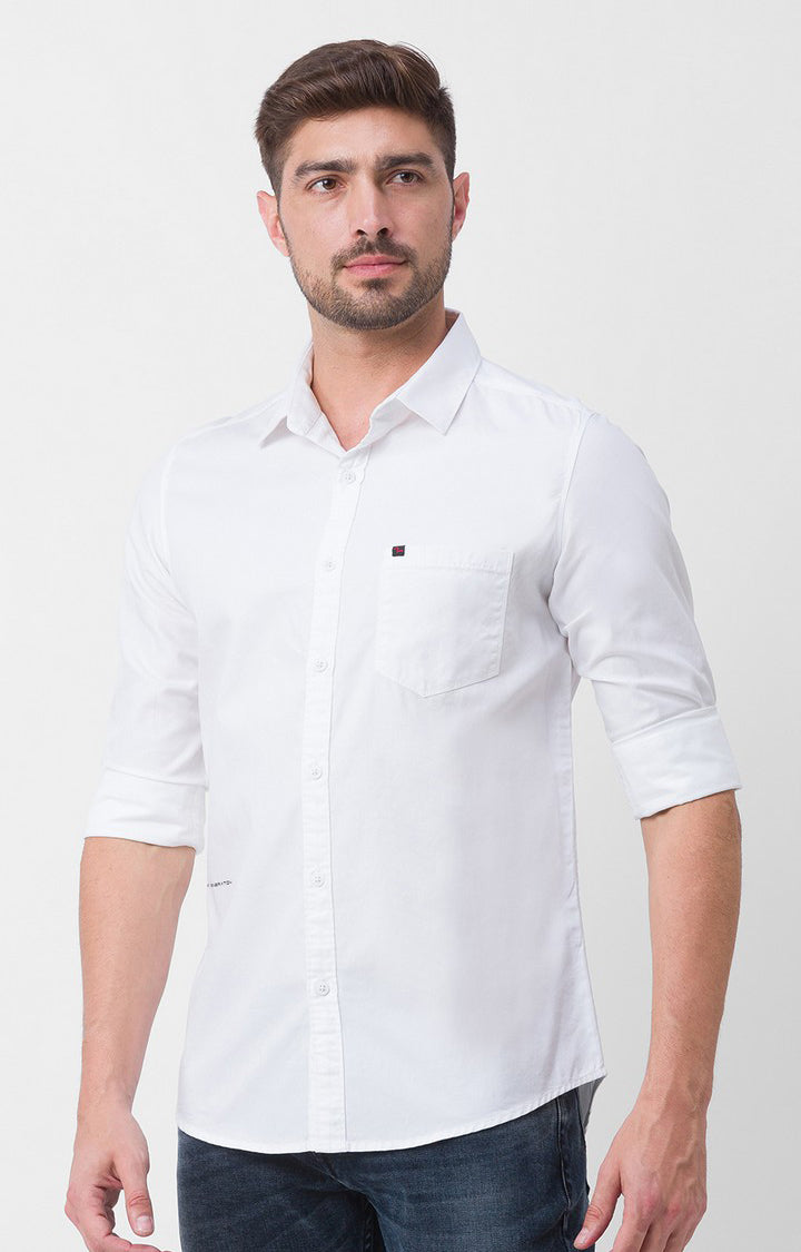 Spykar White Cotton Full Sleeve Plain Shirt For Men