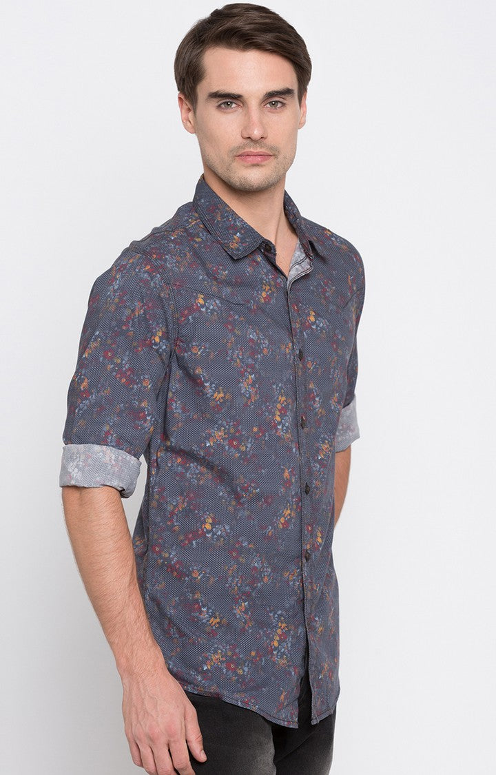 Spykar Men'S Grey Cotton Printed Casual Shirts