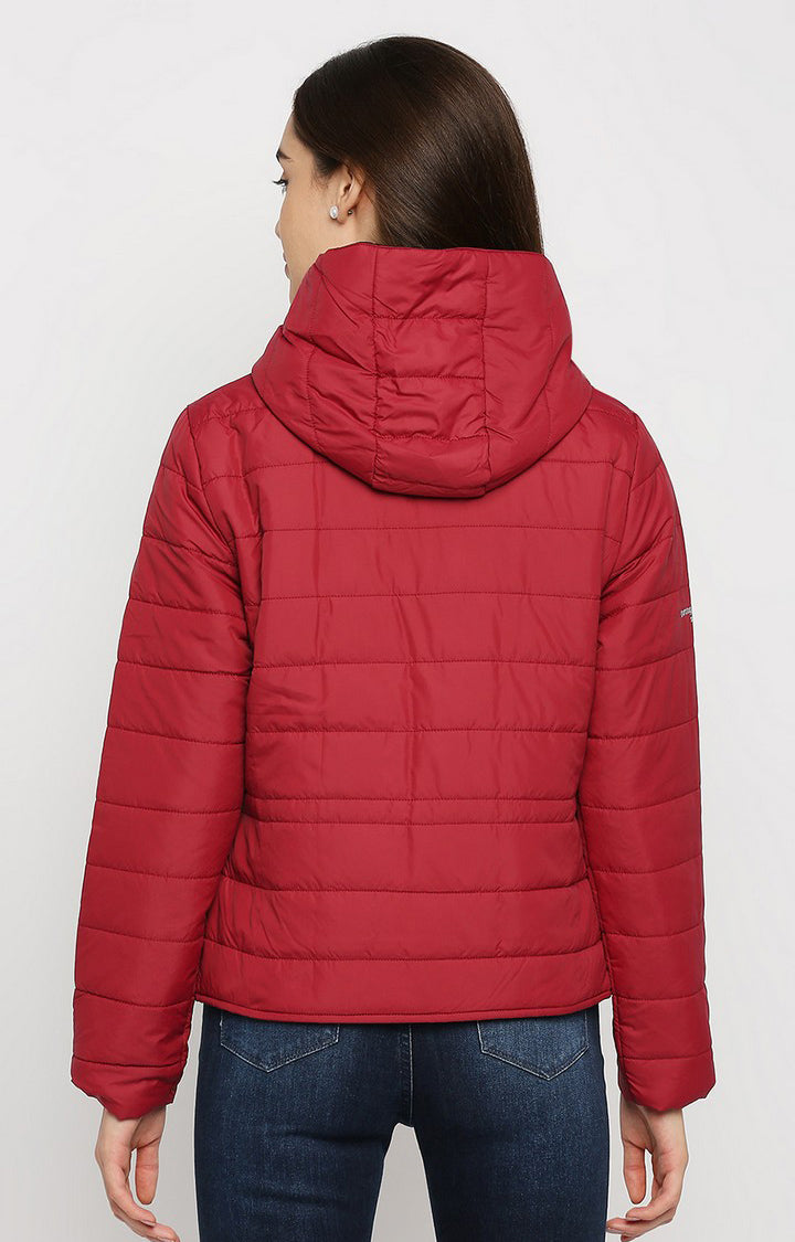 Spykar Women Red Cotton Regular Fit Hoodie Jacket