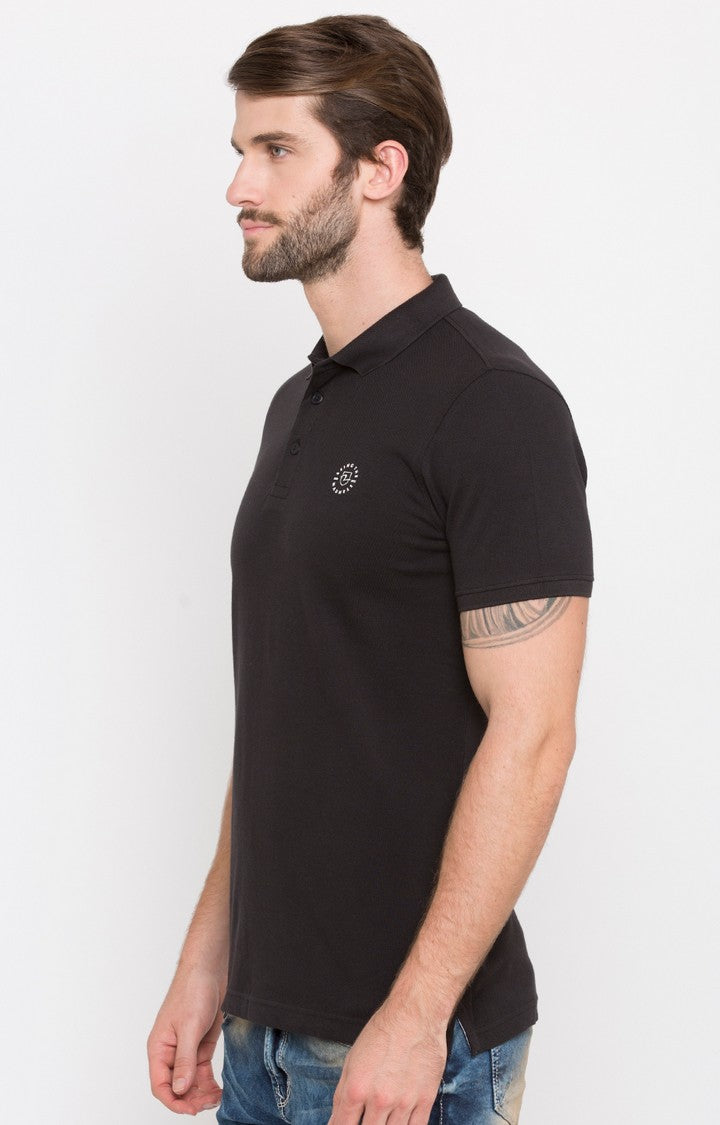 Spykar Jet Black Solid Slim Fit Polo T-Shirt