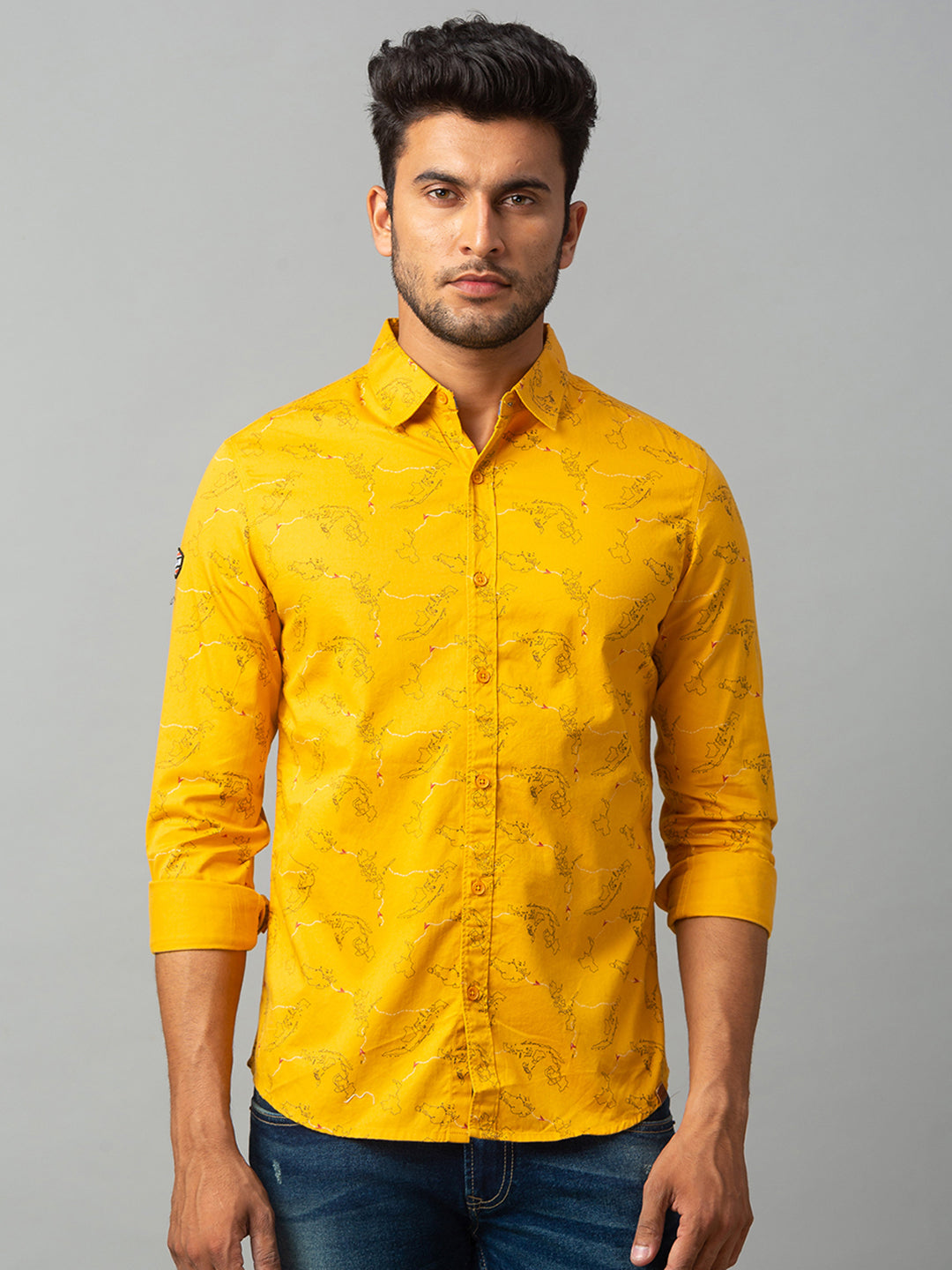 Spykar Men Yellow Cotton Slim Fit Shirt