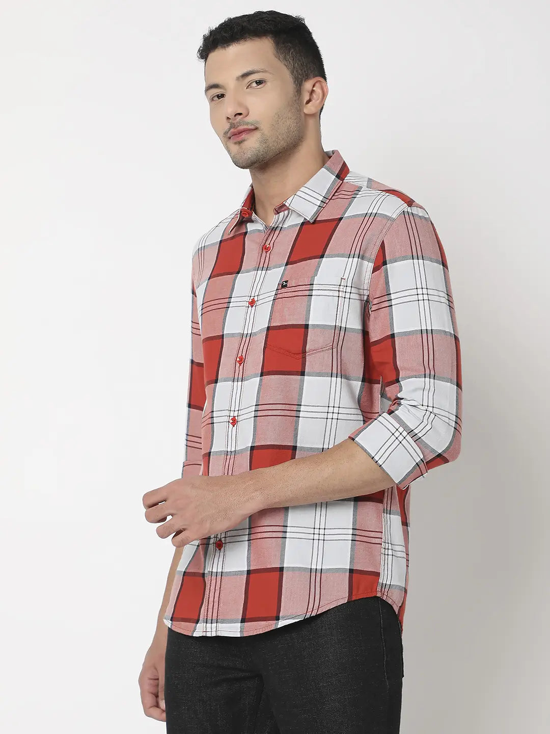 Spykar Men Brick Red Cotton Slim Fit Checkered Shirt