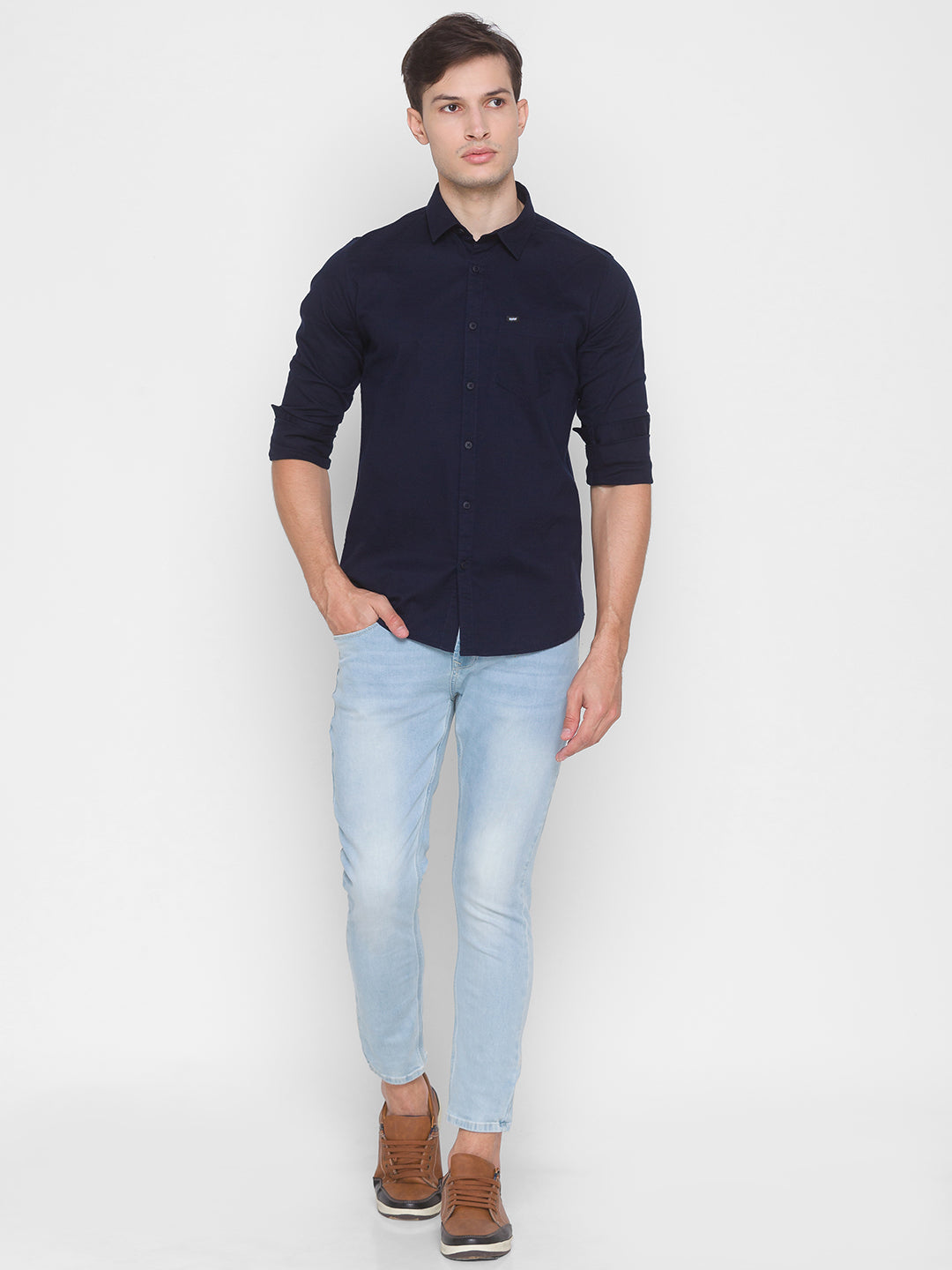 Spykar Slim Fit Blue Cotton Men Shirt