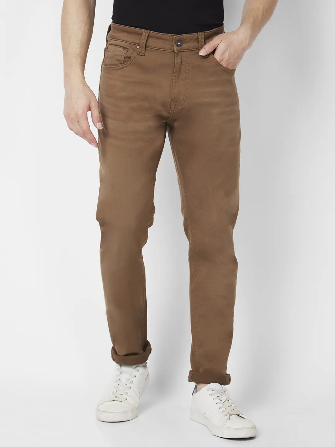 Spykar Men Coffee Brown Cotton Stretch Slim Fit Narrow Length Clean Look Low Rise Jeans (Skinny)