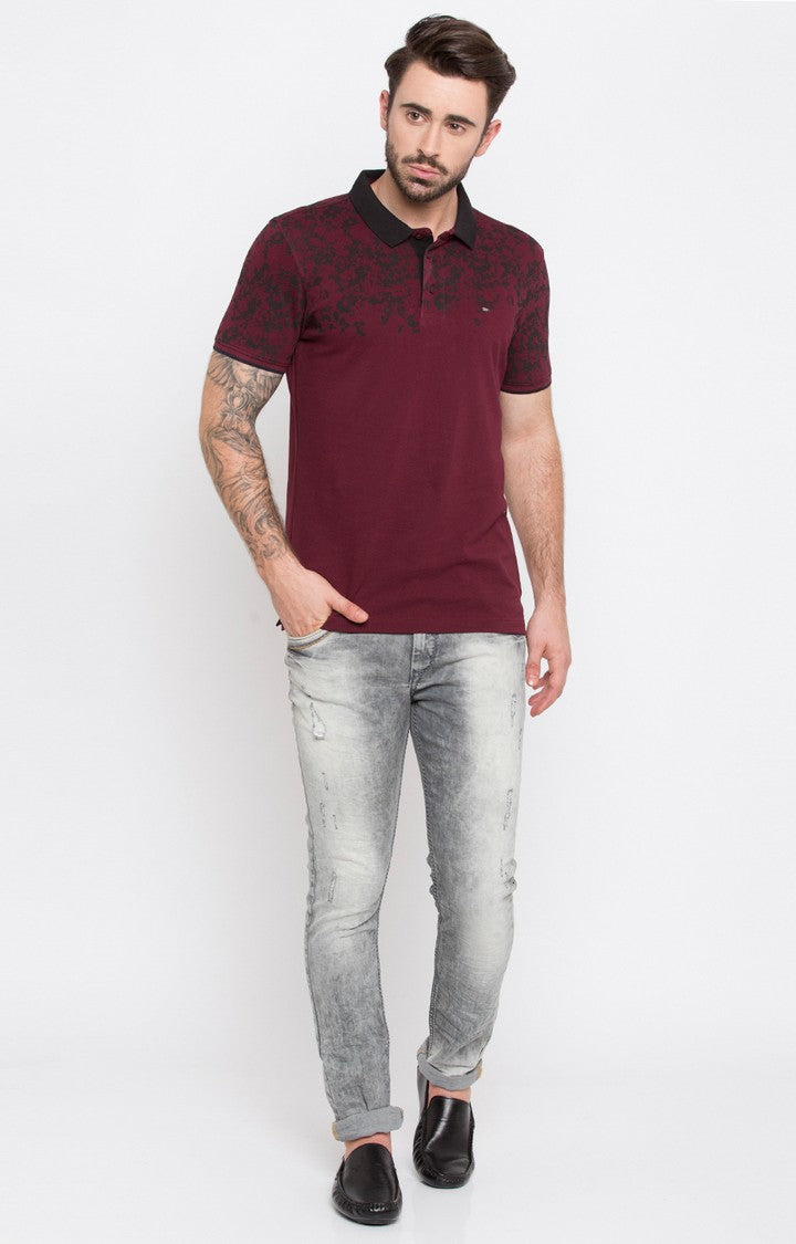 Spykar Wine Printed Slim Fit Polo T-Shirt